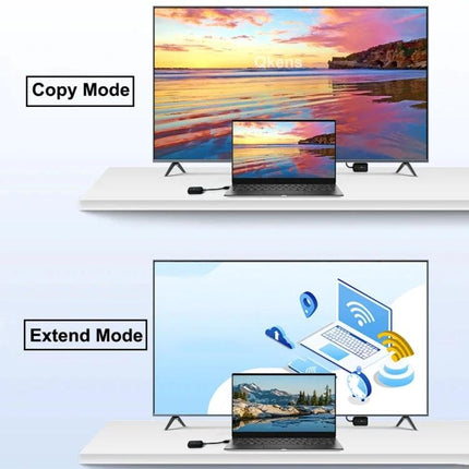 PWAY 30m Wireless HD Projector for Office Screen Sharing showing laptop mirrored and extended to large TV screen