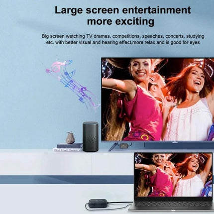 PWAY 30m Wireless HD Projector for Office Screen Sharing showing laptop and TV mirrored for large screen presentations