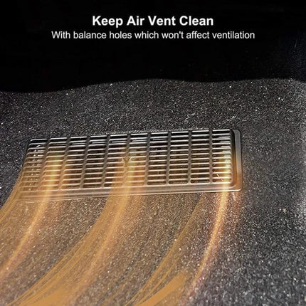 Car Underseat Vent Protection Cover For Tesla Model Y And Model 3 installed over under-seat vent showing airflow and dust protection, skeletonized ABS design