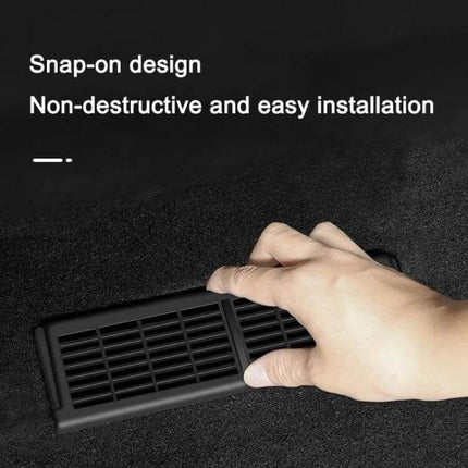 Car Underseat Vent Protection Cover For Tesla Model Y And Model 3 snap-on ABS underseat vent guard shown fitted with hand demonstrating easy installation