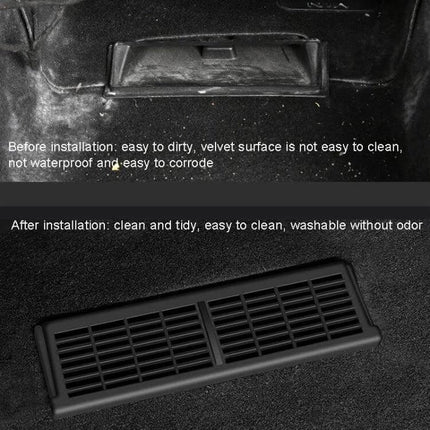 Car Underseat Vent Protection Cover For Tesla Model Y And Model 3 installed over dirty underseat vent showing clean, washable ABS skeletonized grille