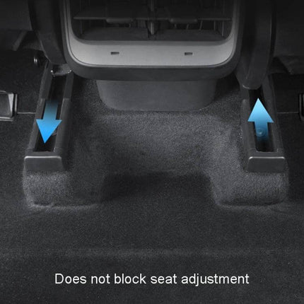 Tesla Model Y Seat Kick Protector Covers 4-Piece Set installed on rear seat rails, protects rails without blocking seat adjustment