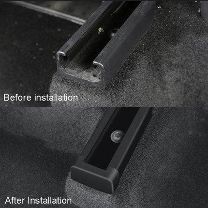 Tesla Model Y Seat Kick Protector Covers 4-Piece Set protecting seat rail before and after installation, durable odorless PP, easy install