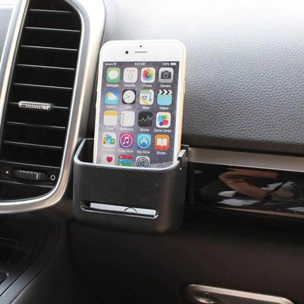 Alt Tag: Shunwei Car Adhesive Phone Holder for Everyday Use mounted on dashboard holding smartphone, keys and cards in compact ABS storage box