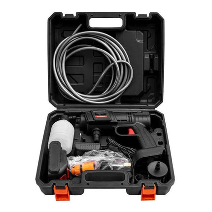 HILDA Cordless High Pressure Water Torch For Car Cleaning packed kit with hose, spray gun, foam bottle and accessories in black carrying case