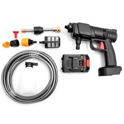 HILDA Cordless High Pressure Water Torch For Car Cleaning gun kit with hose battery and foam bottle on white background