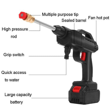 HILDA Cordless High Pressure Water Torch For Car Cleaning - labeled cordless water torch showing high pressure rod, multiple purpose tip, grip switch, quick water access, battery