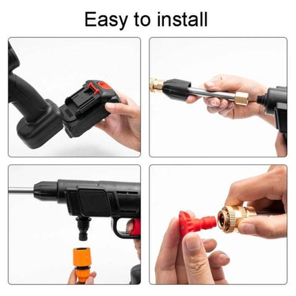 HILDA Cordless High Pressure Water Torch For Car Cleaning showing easy-to-install battery, adjustable spout and nozzle attachments