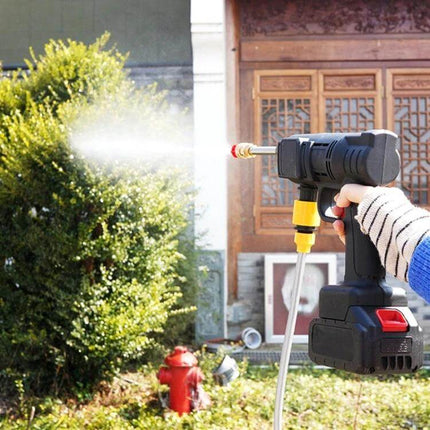 HILDA Cordless High Pressure Water Torch For Car Cleaning spraying foam and rinsing car with adjustable spout, cordless design for easy maneuvering