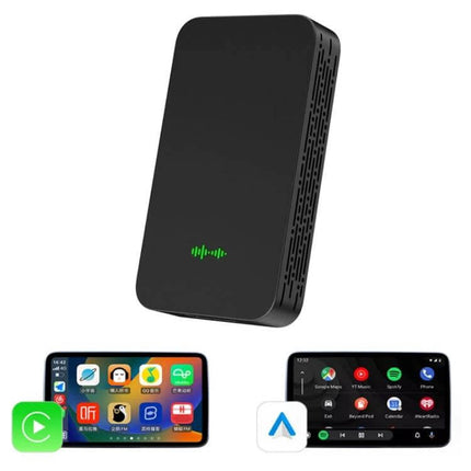 Wireless CarPlay and Android Auto Adapter for Vehicles black dongle with smartphone screens showing wireless CarPlay and Android Auto
