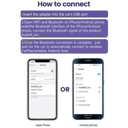 Wireless CarPlay and Android Auto Adapter for Vehicles showing setup steps and phones connecting via Bluetooth