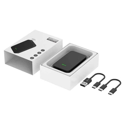 Wireless CarPlay and Android Auto Adapter for Vehicles neatly packaged with USB cables, showing adapter in white box for wireless phone integration