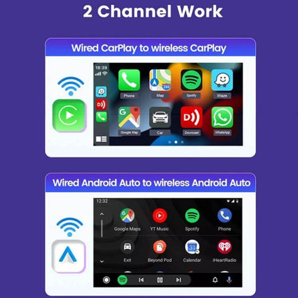 Wireless CarPlay and Android Auto Adapter for Vehicles converting wired CarPlay and Android Auto to wireless for cable-free streaming and navigation