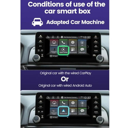 Wireless CarPlay and Android Auto Adapter for Vehicles showing converted in-dash display enabling wireless Apple CarPlay and Android Auto