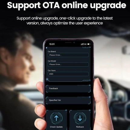 Wireless CarPlay and Android Auto Adapter for Vehicles showing smartphone OTA update screen in car, emphasizing wireless setup and cable-free driving