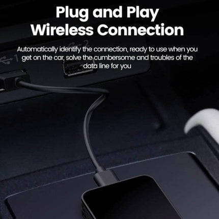 Wireless CarPlay and Android Auto Adapter for Vehicles plugged into car USB, showing cable-free mobile audio and navigation setup