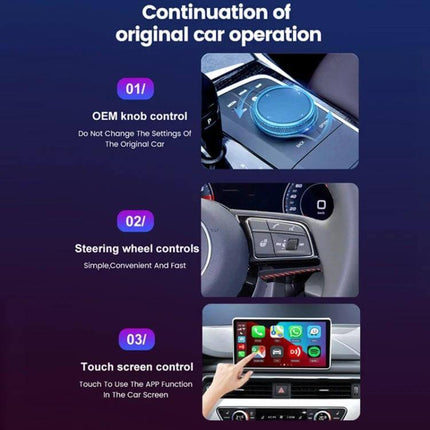 Wireless CarPlay and Android Auto Adapter for Vehicles showing OEM knob, steering wheel, and touchscreen controls