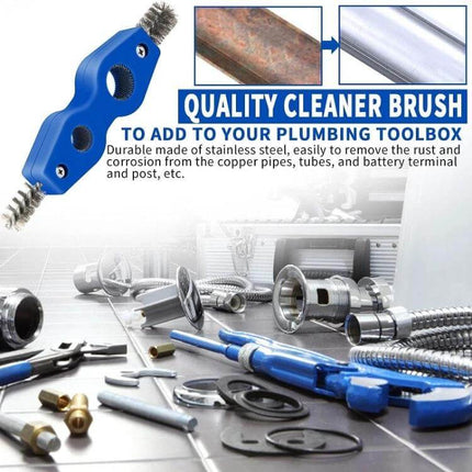 4-In-1 Wire Rust Removal Brush For Car Battery Cleaning showing blue multi-head wire brush and cleaned copper pipe with plumbing tools background