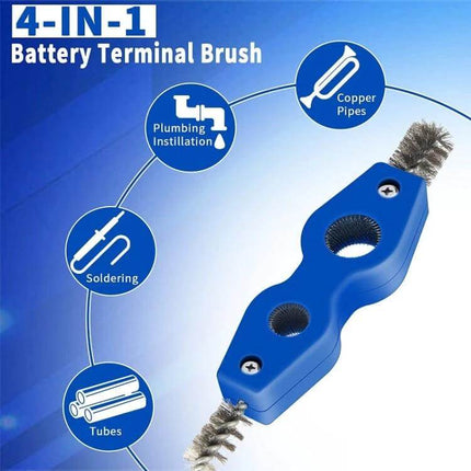 4-In-1 Wire Rust Removal Brush For Car Battery Cleaning - blue 4-in-1 battery terminal brush with steel wire ends for pipes, soldering, tubes, and rust removal