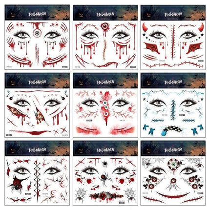 Halloween Scar Waterproof Tattoo Sticker Set For Halloween Makeup - 9 sheet pack of blood, scars, stitches, and eye wound water transfer tattoos for face and body