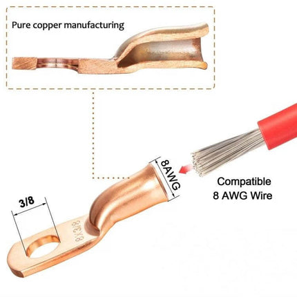8 AWG Ring Terminal For Battery Cables With Three Eighths Inch Stud copper lug with heat shrink, compatible with 8 AWG wire and 3/8 in stud