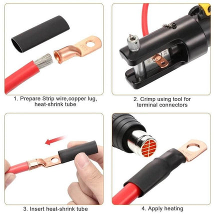 8 AWG Ring Terminal For Battery Cables With Three Eighths Inch Stud - copper lug with heat-shrink tubing and crimping steps for 8 AWG battery cable