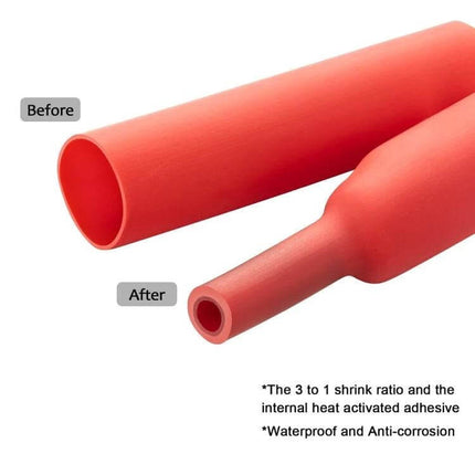 8 AWG Ring Terminal For Battery Cables With Three Eighths Inch Stud heat shrink tubing before and after view, red 3:1 waterproof anti-corrosion sleeve for battery lugs