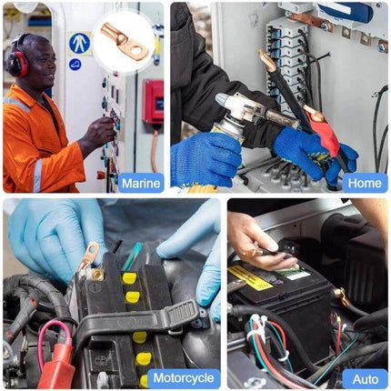 8 AWG Ring Terminal For Battery Cables With Three Eighths Inch Stud - copper ring terminals with heat shrink used in marine, auto, motorcycle, and home battery wiring