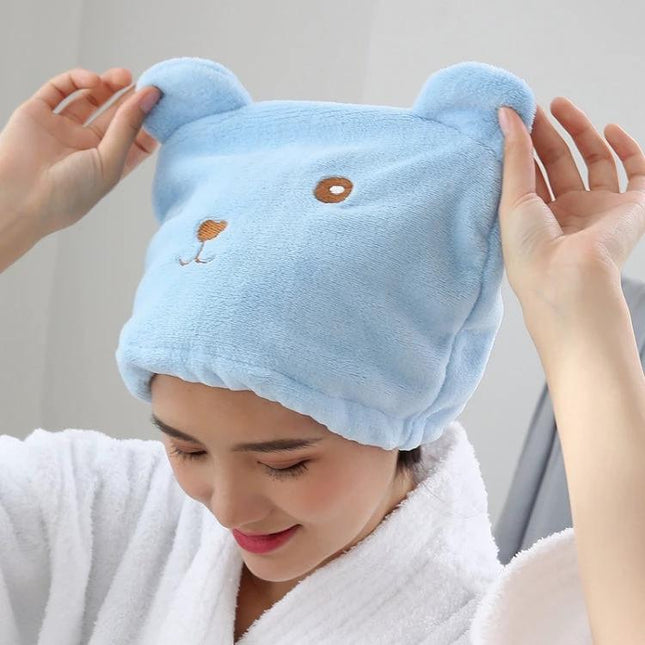 Cute Bear Hair Drying Cap for Daily Shower Essentials - soft blue bear-shaped microfiber cap absorbing hair moisture after shower