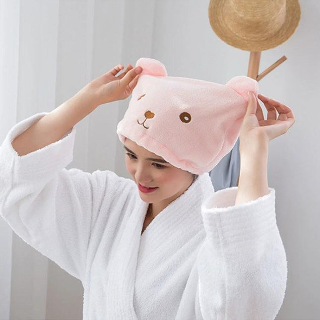 Cute Bear Hair Drying Cap for Daily Shower Essentials - pink bear microfiber hair wrap absorbing moisture after shower