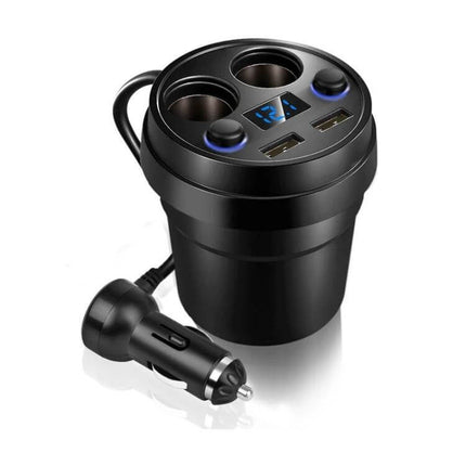 Cup Car Charger With Dual USB Ports For Phone And Tablet — 80W 12–24V cup-style charger with two USB ports, dual sockets, LED display and independent switches
