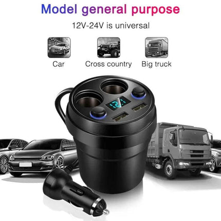 Cup Car Charger With Dual USB Ports For Phone And Tablet - 12–24V cup-style car charger with dual USB ports, LCD, two cigarette sockets, durable housing