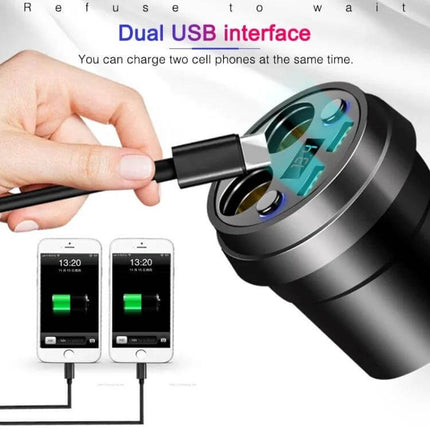 Cup Car Charger With Dual USB Ports For Phone And Tablet in car cup holder with two phones charging and USB cables