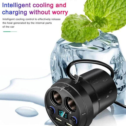 Cup Car Charger With Dual USB Ports For Phone And Tablet in black cup-style design with ice and mint background, 80W, dual USB, independent switches
