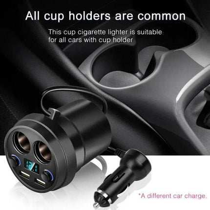 Cup Car Charger With Dual USB Ports For Phone And Tablet black cup-style 80W car charger with dual USB ports and two cigarette sockets