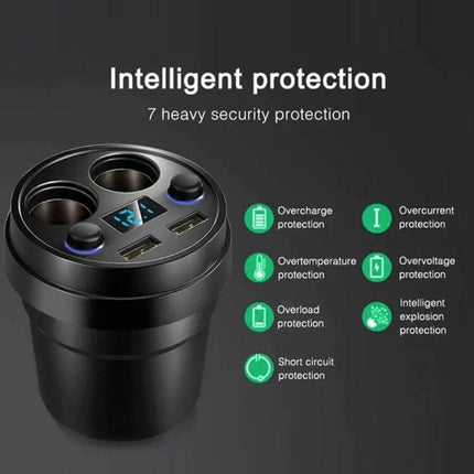 Cup Car Charger With Dual USB Ports For Phone And Tablet — black cup-style car charger with two USB ports, dual cigarette sockets, LED display, safety protections