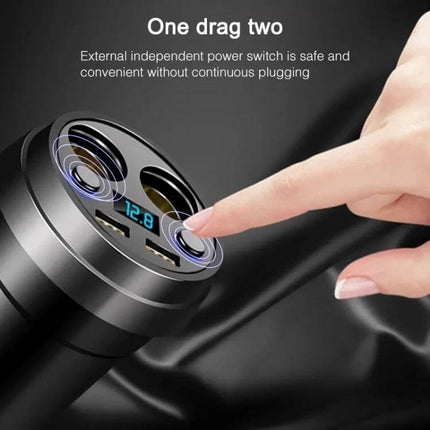 Cup Car Charger With Dual USB Ports For Phone And Tablet in cup holder showing dual USB ports, digital voltmeter and independent power switches