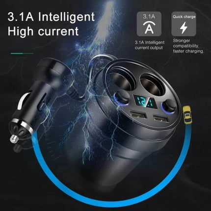 Cup Car Charger With Dual USB Ports For Phone And Tablet black cup-style 80W car charger showing two USB ports, dual cigarette sockets and LED display