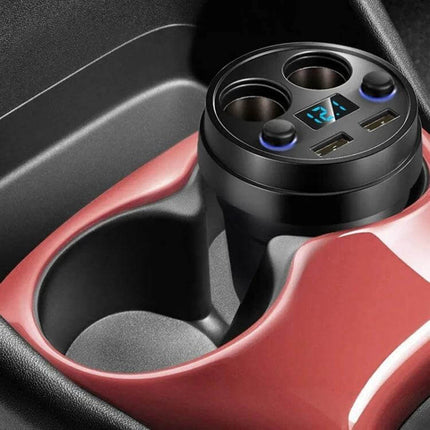 Cup Car Charger With Dual USB Ports For Phone And Tablet in car cup holder showing two USB ports, dual cigarette sockets, LED display and independent switches