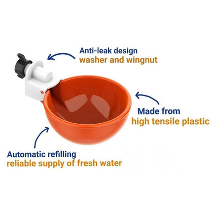 Daily Water Feeder for Backyard Poultry Care at Home - orange automatic refill cup with anti-leak washer and wingnut, high tensile plastic