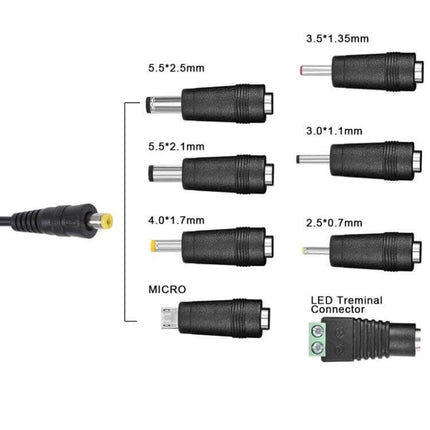 30W USB Power Adapter With Monitoring LED For Everyday Charging - compact travel charger with LED and multiple detachable DC tips (3.5×1.35mm, 5.5×2.5mm, 4.0×1.7mm, micro, etc.)