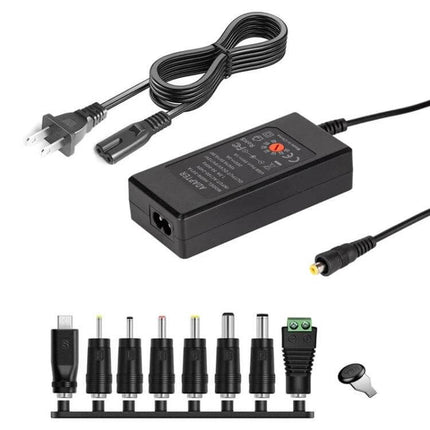 Adjustable DC Power Adapter with International Plugs shown with multiple connector tips and international wall plug for travel and home use