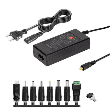 Adjustable DC Power Adapter with International Plugs black multi-tip travel charger for laptops routers and LED lights, adjustable voltage