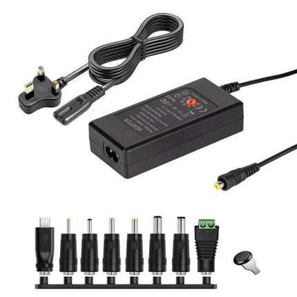 Adjustable DC Power Adapter with International Plugs shown with multiple connector tips, UK plug, and adjustable voltage for laptops, routers, and LED lights