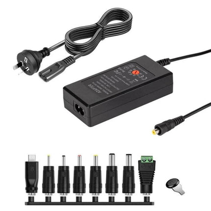 Adjustable DC Power Adapter with International Plugs – compact travel power brick with multiple tip connectors and adjustable voltage for laptops, routers, LED lights