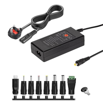 Adjustable DC Power Adapter with International Plugs – black adjustable voltage DC adapter kit with multiple tip connectors and international plug