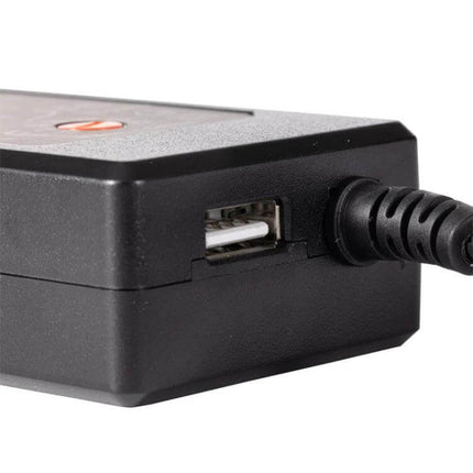 Adjustable DC Power Adapter with International Plugs - close-up of USB port and DC cable showing adjustable voltage travel power solution