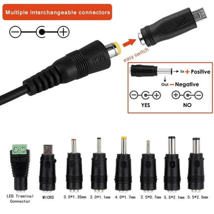 Adjustable DC Power Adapter with International Plugs showing multiple interchangeable DC connector tips and polarity switch