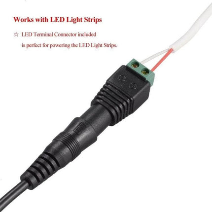 Adjustable DC Power Adapter with International Plugs powering LED light strip with terminal connector and adjustable voltage cable