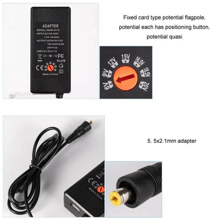 Adjustable DC Power Adapter with International Plugs showing voltage selector and 5.5x2.1mm DC connector for laptops, routers and LED lights